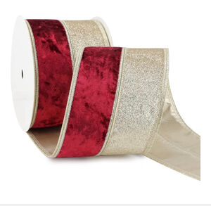 NEW Burgundy Gold Velvet Wired Christmas Ribbon 4” Extra Wide Thick 10 Yds
